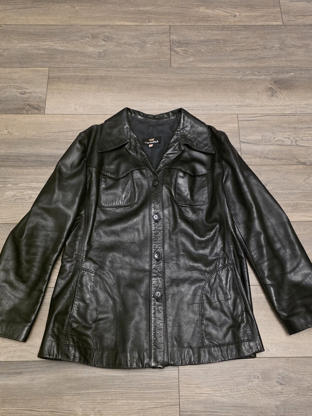 Vintage Cortefiel Genuine Black Leather Jacket / Shacket Size 52 (US Size Large)